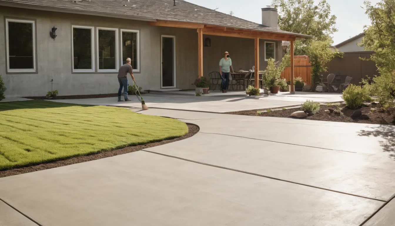 A newly poured concrete patio behind a family home in Portage